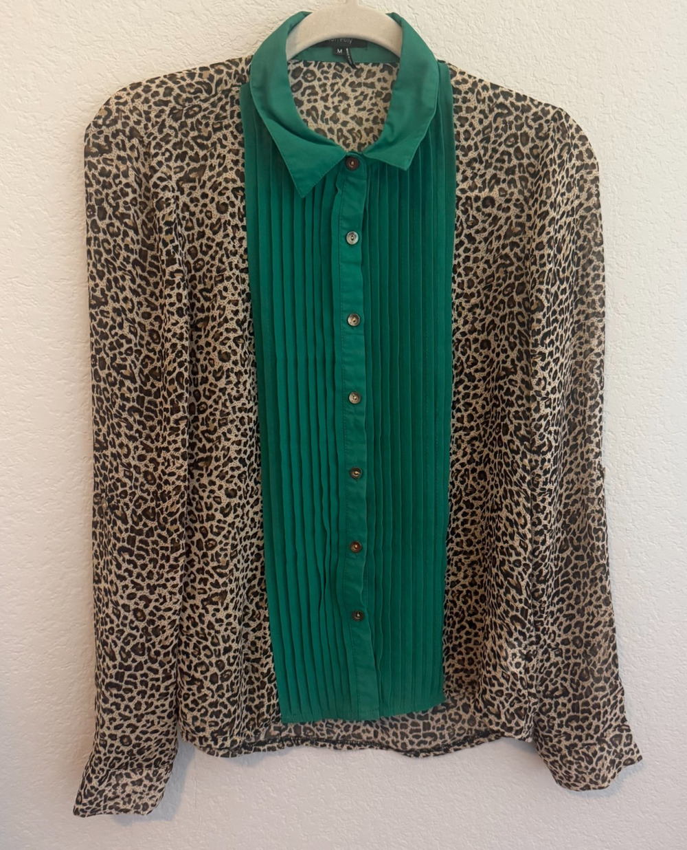 Roly Poly Leopard Print Blouse Green Pleated Front Button Sheer Long Sleeve M